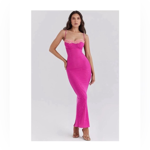 HOUSE OF CB 'Aiza' Raspberry Lace Trimmed Maxi Dress - Picture 1 of 5